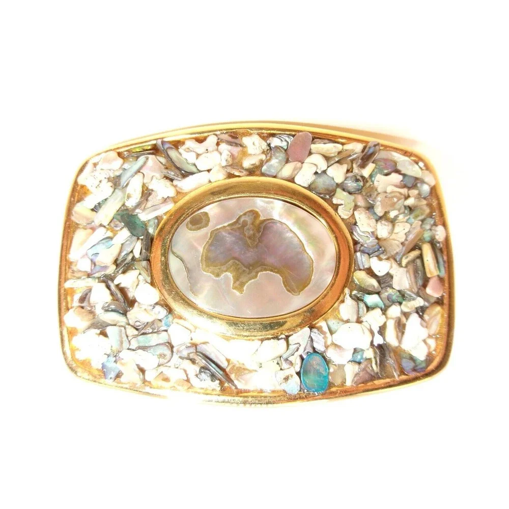 Mother of Pearl Abalone Shell Pebbles Inlay Mosaic Gold Tone Belt Buckle 2 in